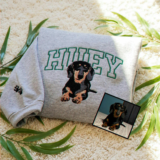 Sport Gray Embroidered Sweatshirt with Dachshund Portrait from Photo, gift for dog lovers