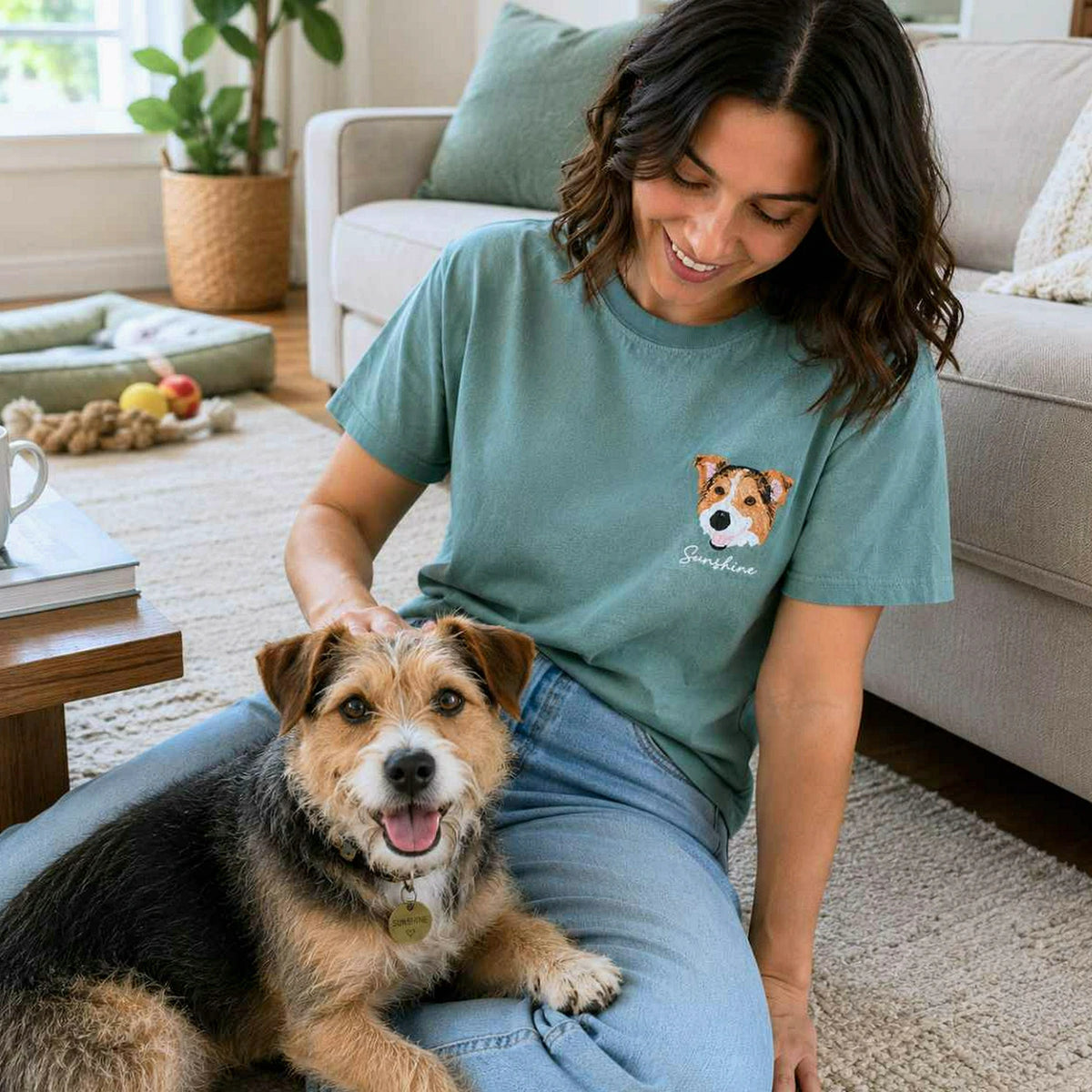 Custom Dog Portrait T-shirt for Birthday Wife - Embroidered Pet Photo Tee & Name - Gift for Her