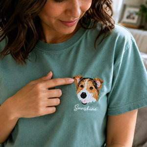 Custom Dog Portrait T-shirt for Birthday Wife - Embroidered Pet Photo Tee & Name - Gift for Her