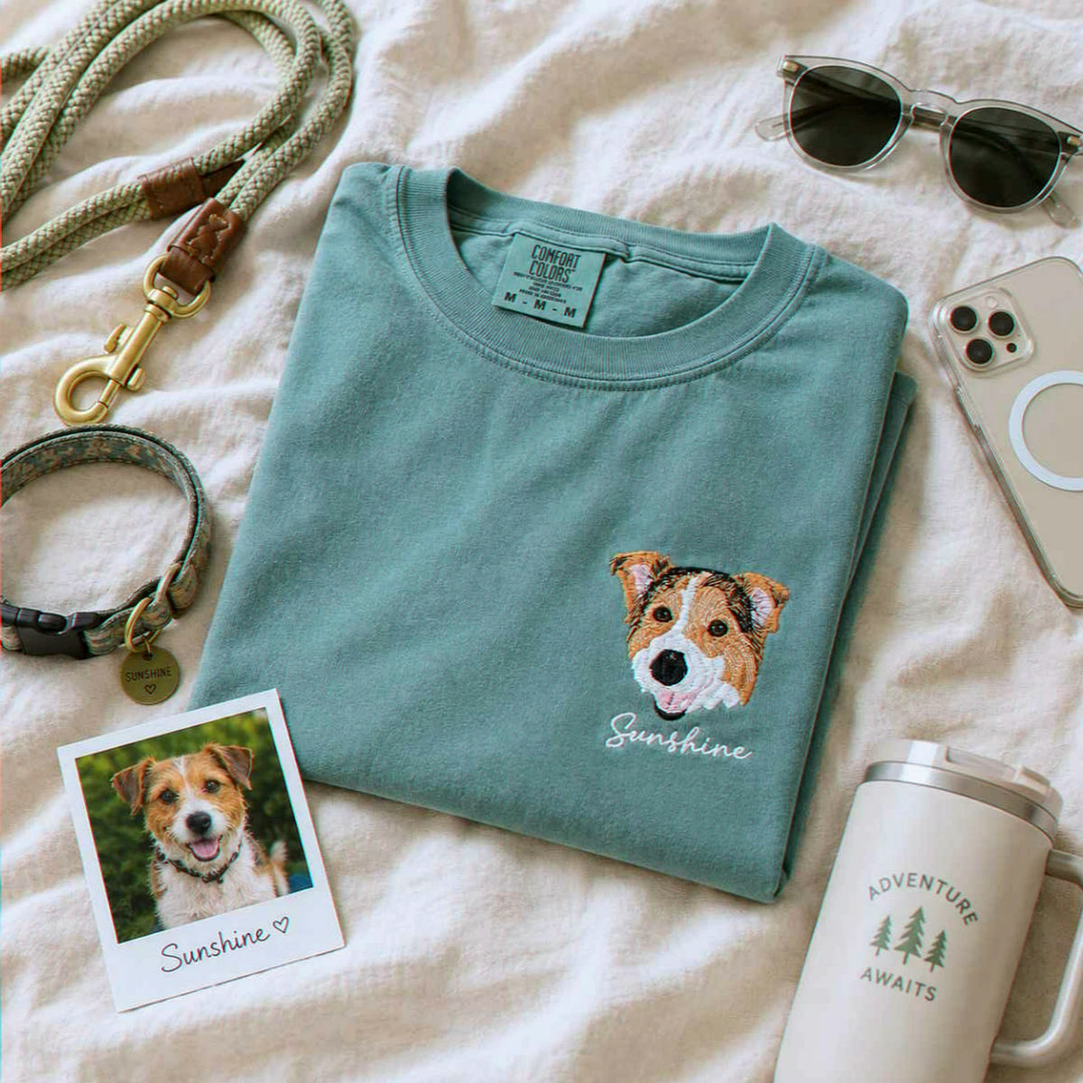 Custom Dog Portrait T-shirt for Birthday Wife - Embroidered Pet Photo Tee & Name - Gift for Her