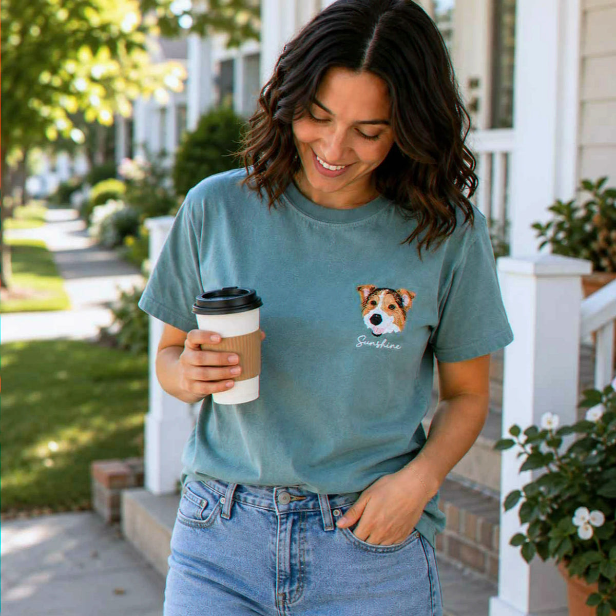 Custom Dog Portrait T-shirt for Birthday Wife - Embroidered Pet Photo Tee & Name - Gift for Her
