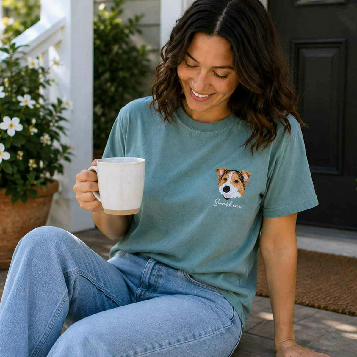 Custom Dog Portrait T-shirt for Birthday Wife - Embroidered Pet Photo Tee & Name - Gift for Her