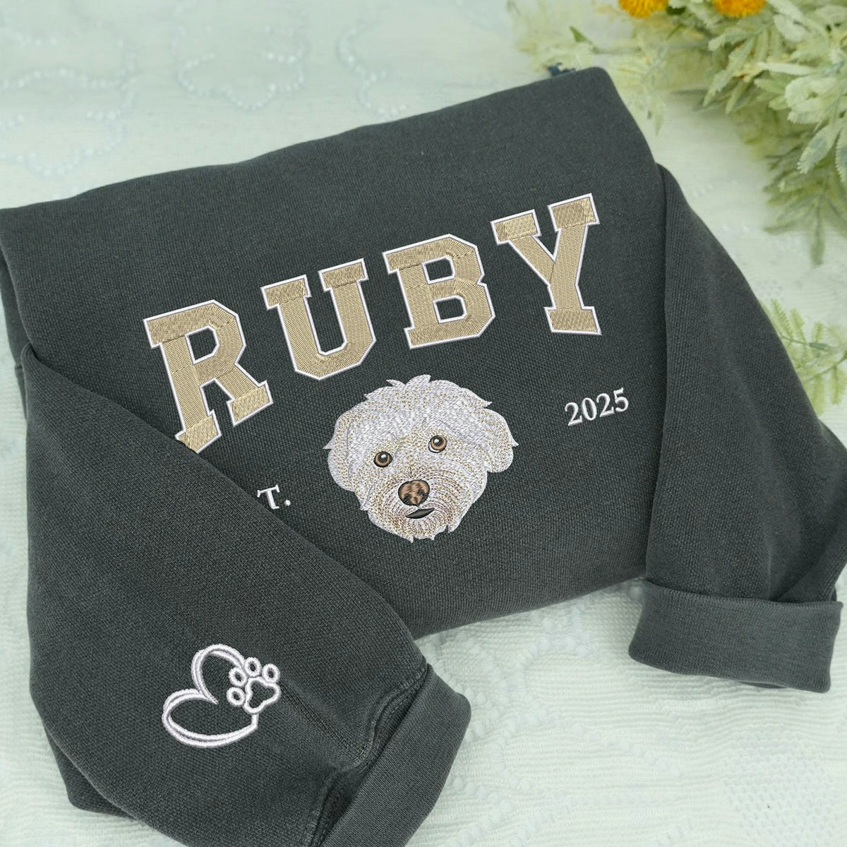 Custom Dog Memorial Sweatshirt for Wife - Embroidered Pet Photo Portrait Crewneck & Name - Dog Loss Sympathy Gift for Her