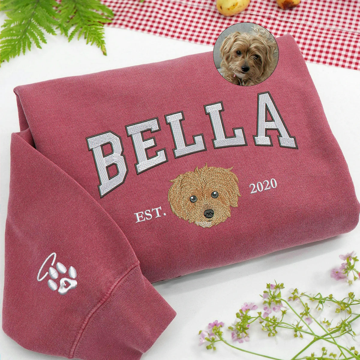 Custom Dog Memorial Sweatshirt for Wife - Embroidered Pet Photo Portrait Crewneck & Name - Dog Loss Sympathy Gift for Her