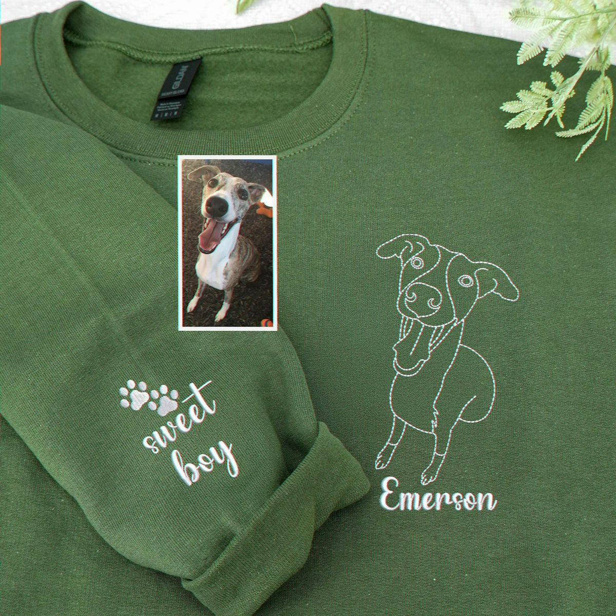 Military Green Custom Dog Portrait Embroidered from Photo Sweatshirt, Gift for Wife, Dog Mom