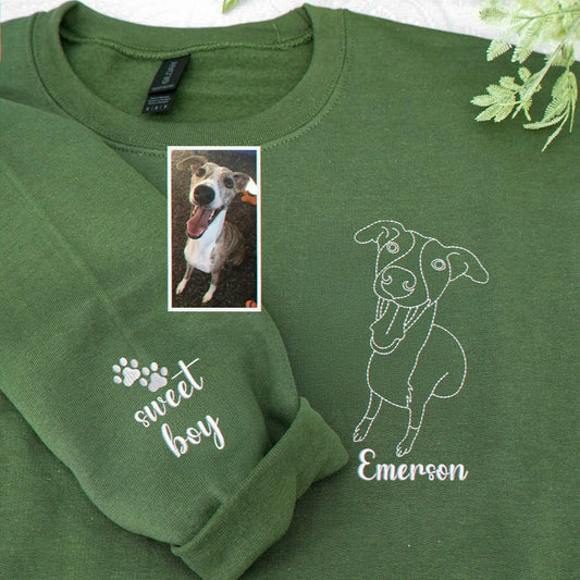 Military Green Custom Dog Portrait Embroidered from Photo Sweatshirt, Gift for Wife, Dog Mom