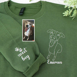 Military Green Custom Dog Portrait Embroidered from Photo Sweatshirt, Gift for Wife, Dog Mom
