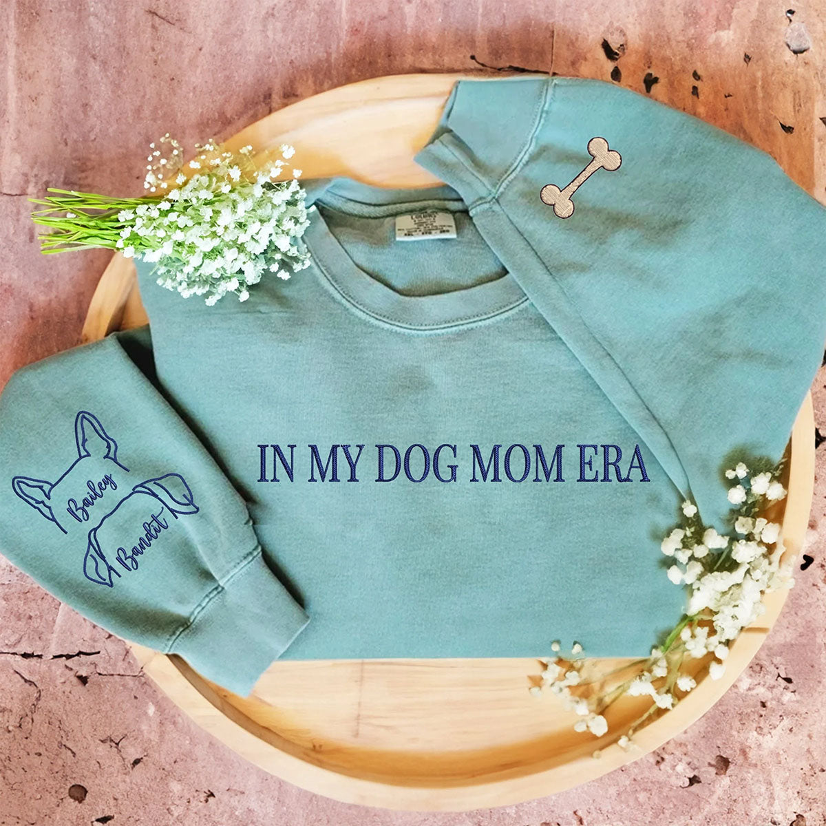 Comfort Color® In My Dog Mom Era Sweatshirt with Custom Embroidered Dog Ear on Sleeve