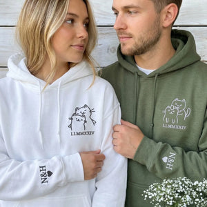 Custom Doodle Cat Matching Sweatshirt or Hoodie, Embroidered Valentines Day Gifts For New Relationship