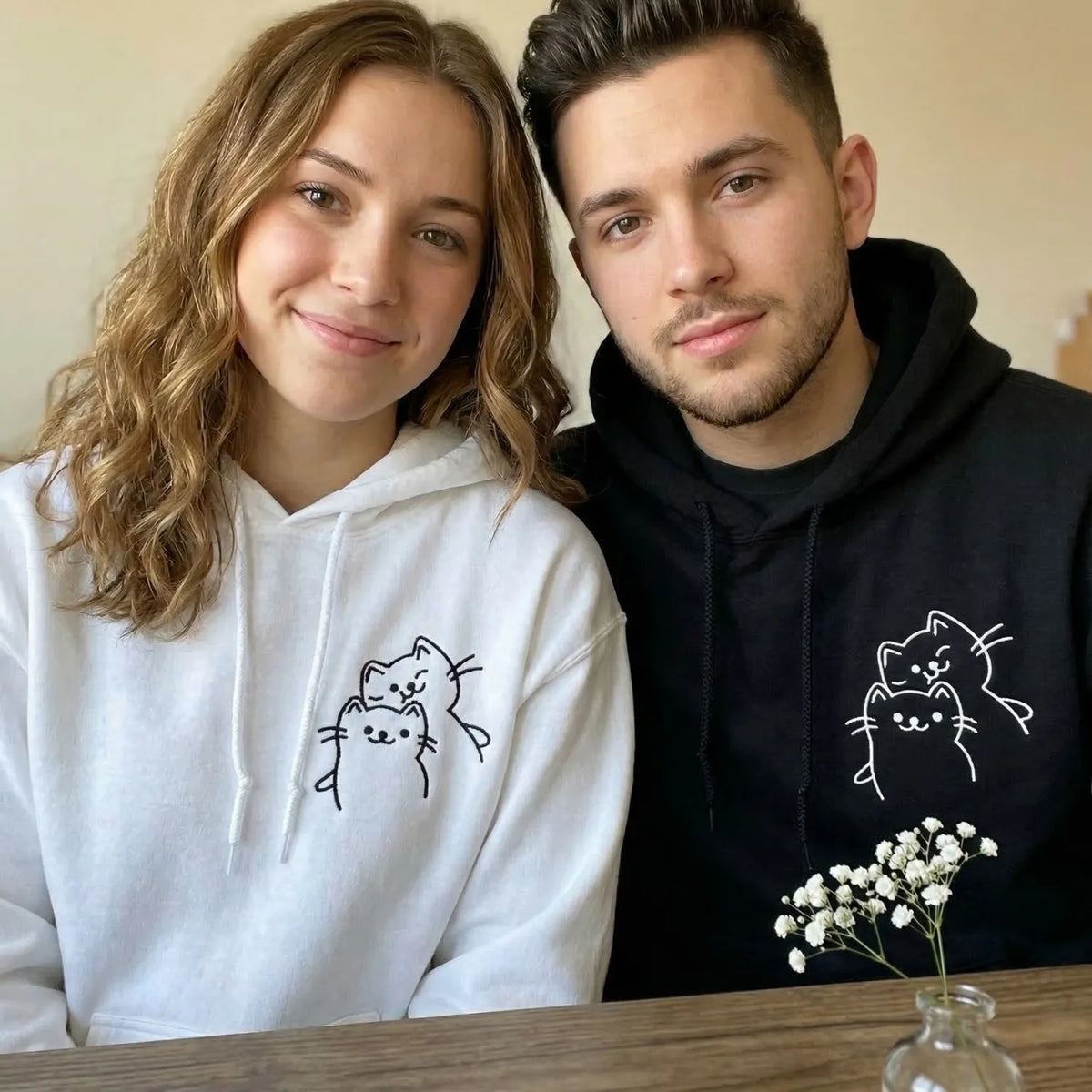 Custom Doodle Cat Matching Sweatshirt or Hoodie, Embroidered Valentines Day Gifts For New Relationship