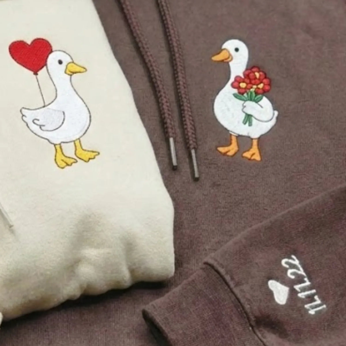 Embroidered Valentine Silly Goose Sweatshirt or Hoodie with Custom Text on Sleeve, Valentine's Gifts for Couples