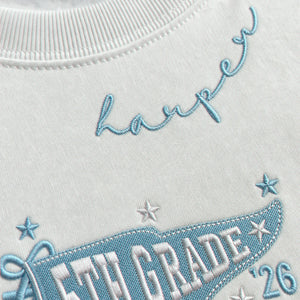 Personalized Last First Day of Elementary T-shirt for 5th Grade Kids - Embroidered Neckline Name with Grade Pennant
