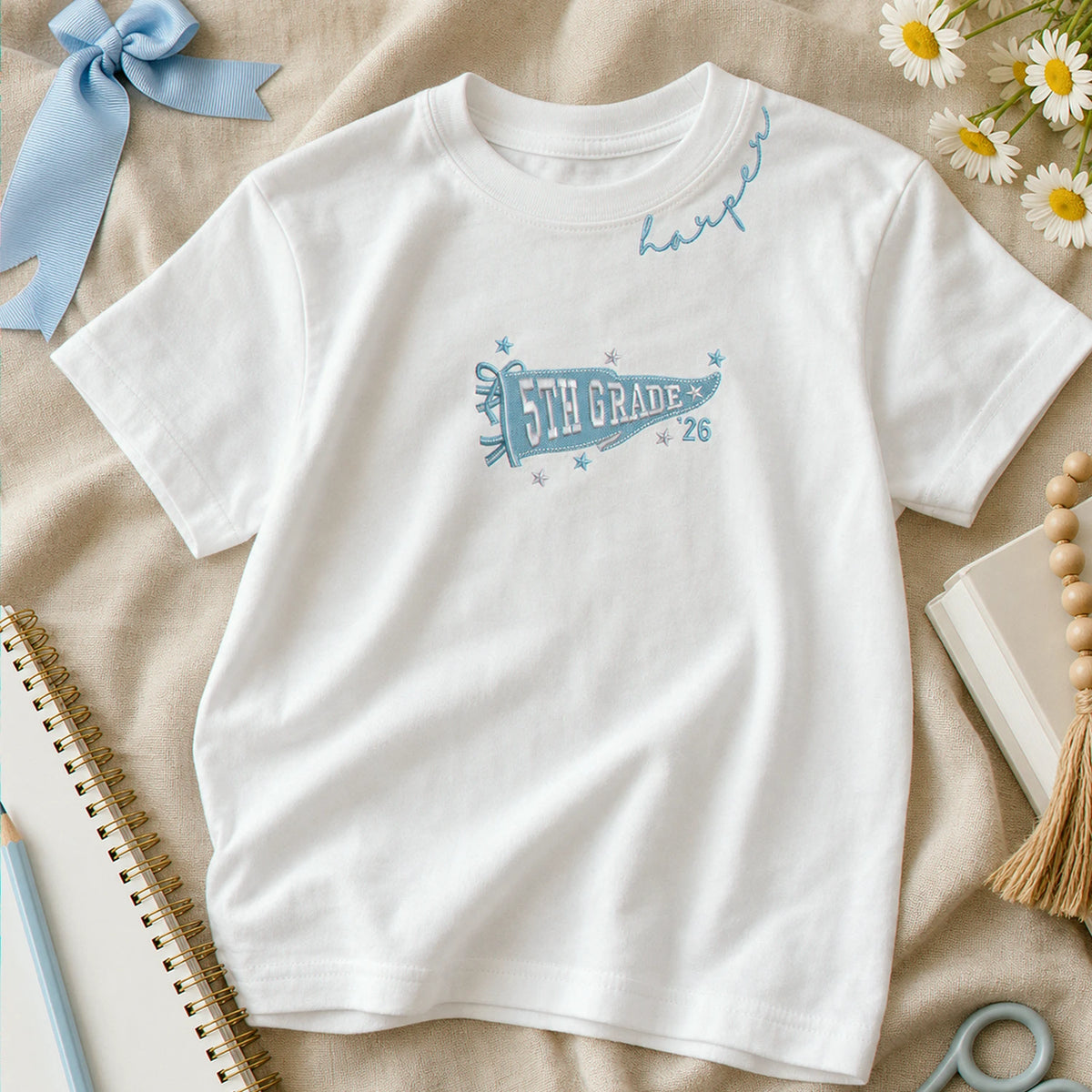 Personalized Last First Day of Elementary T-shirt for 5th Grade Kids - Embroidered Neckline Name with Grade Pennant