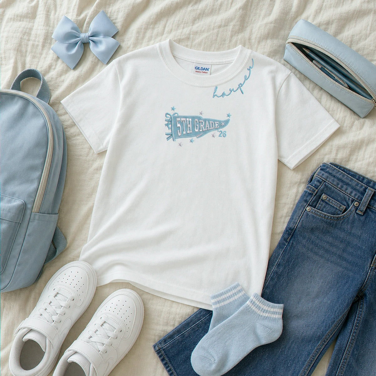 Personalized Last First Day of Elementary T-shirt for 5th Grade Kids - Embroidered Neckline Name with Grade Pennant