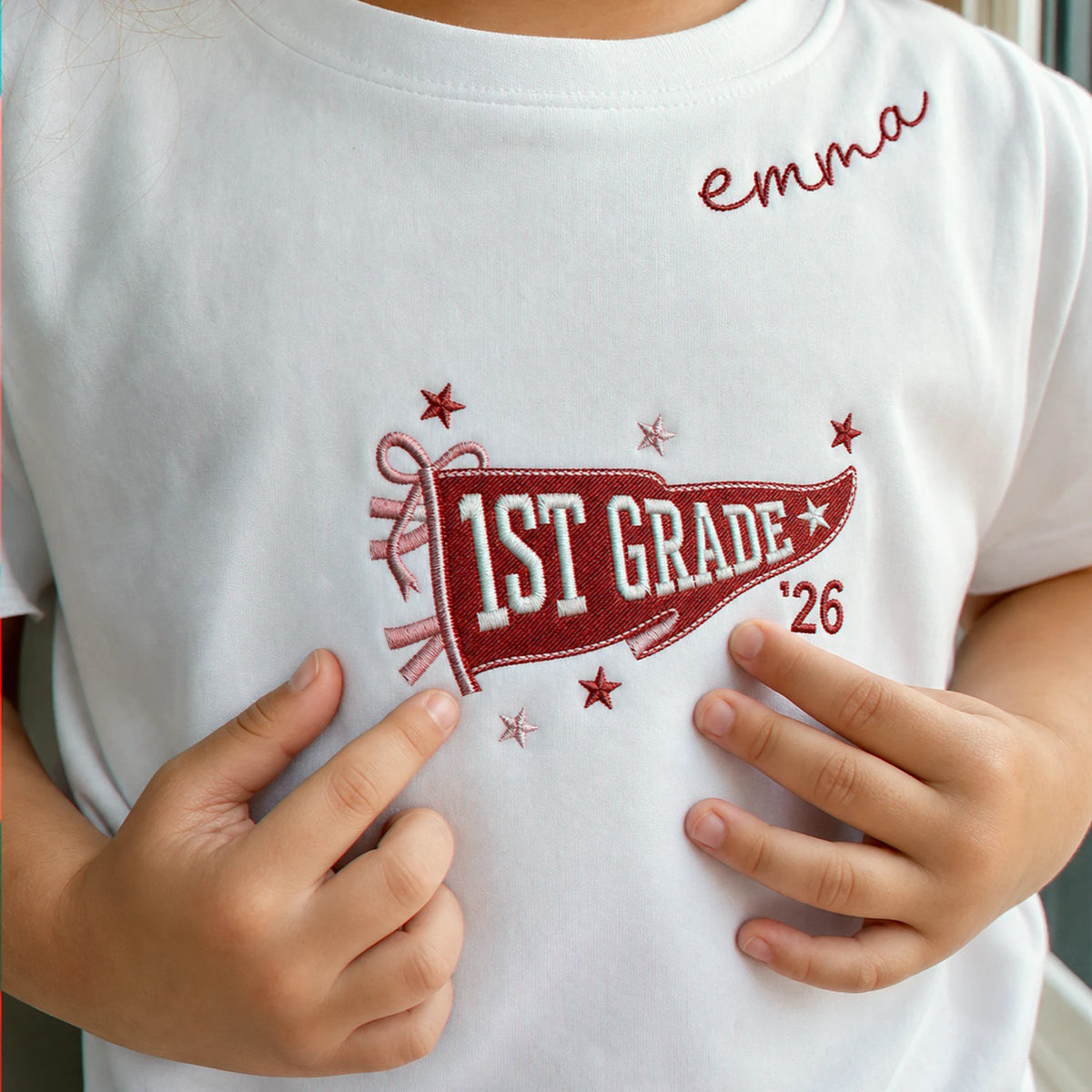 Personalized Last First Day of Elementary T-shirt for 5th Grade Kids - Embroidered Neckline Name with Grade Pennant