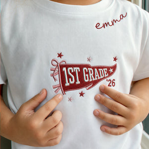 Personalized Last First Day of Elementary T-shirt for 5th Grade Kids - Embroidered Neckline Name with Grade Pennant