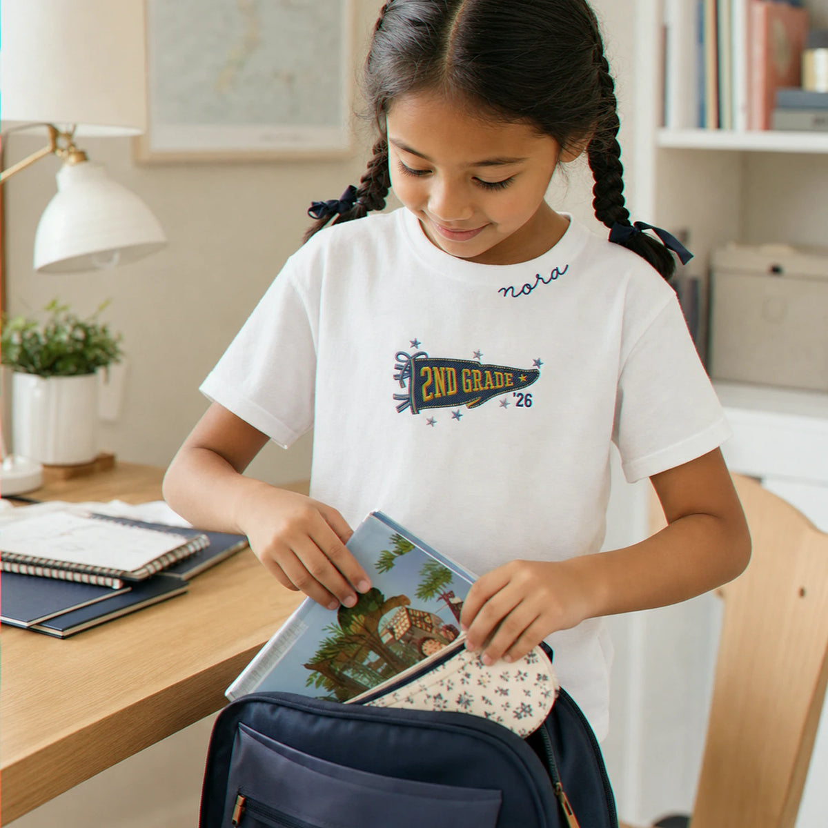 Personalized Last First Day of Elementary T-shirt for 5th Grade Kids - Embroidered Neckline Name with Grade Pennant