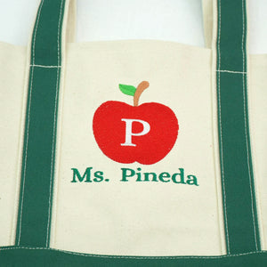 Embroidered Apple Initial Teacher Tote Bag - Personalized Name, Back to School Gift