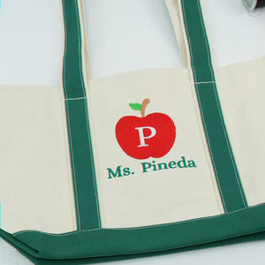 Embroidered Apple Initial Teacher Tote Bag - Personalized Name, Back to School Gift