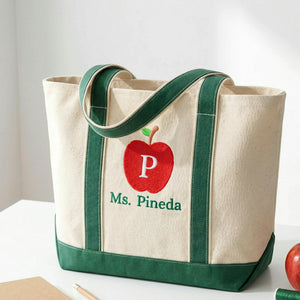 Embroidered Apple Initial Teacher Tote Bag - Personalized Name, Back to School Gift