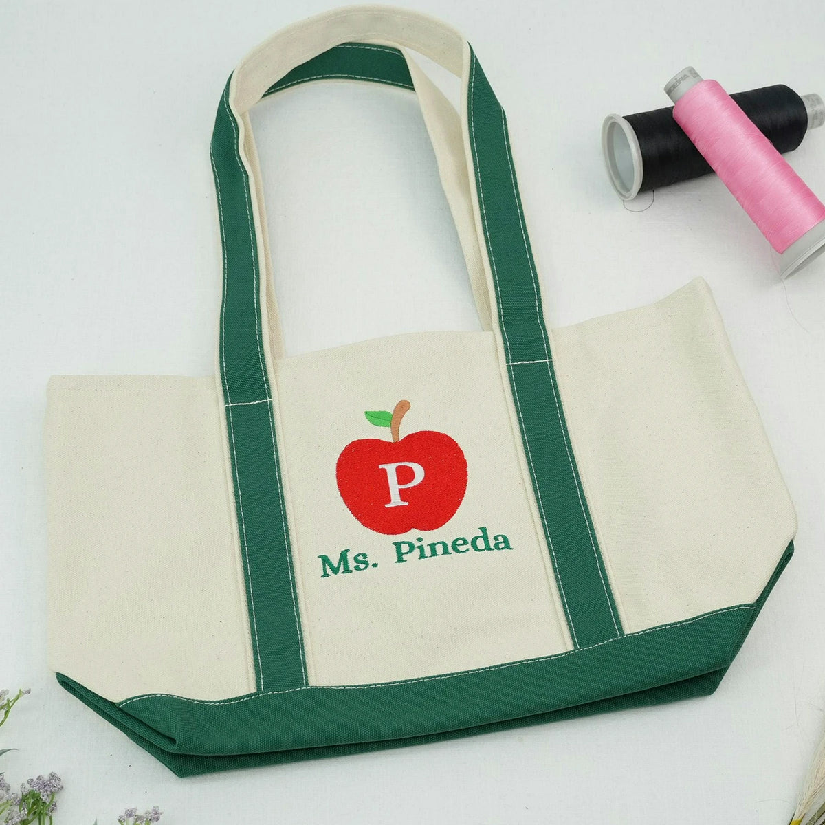 Embroidered Apple Initial Teacher Tote Bag - Personalized Name, Back to School Gift
