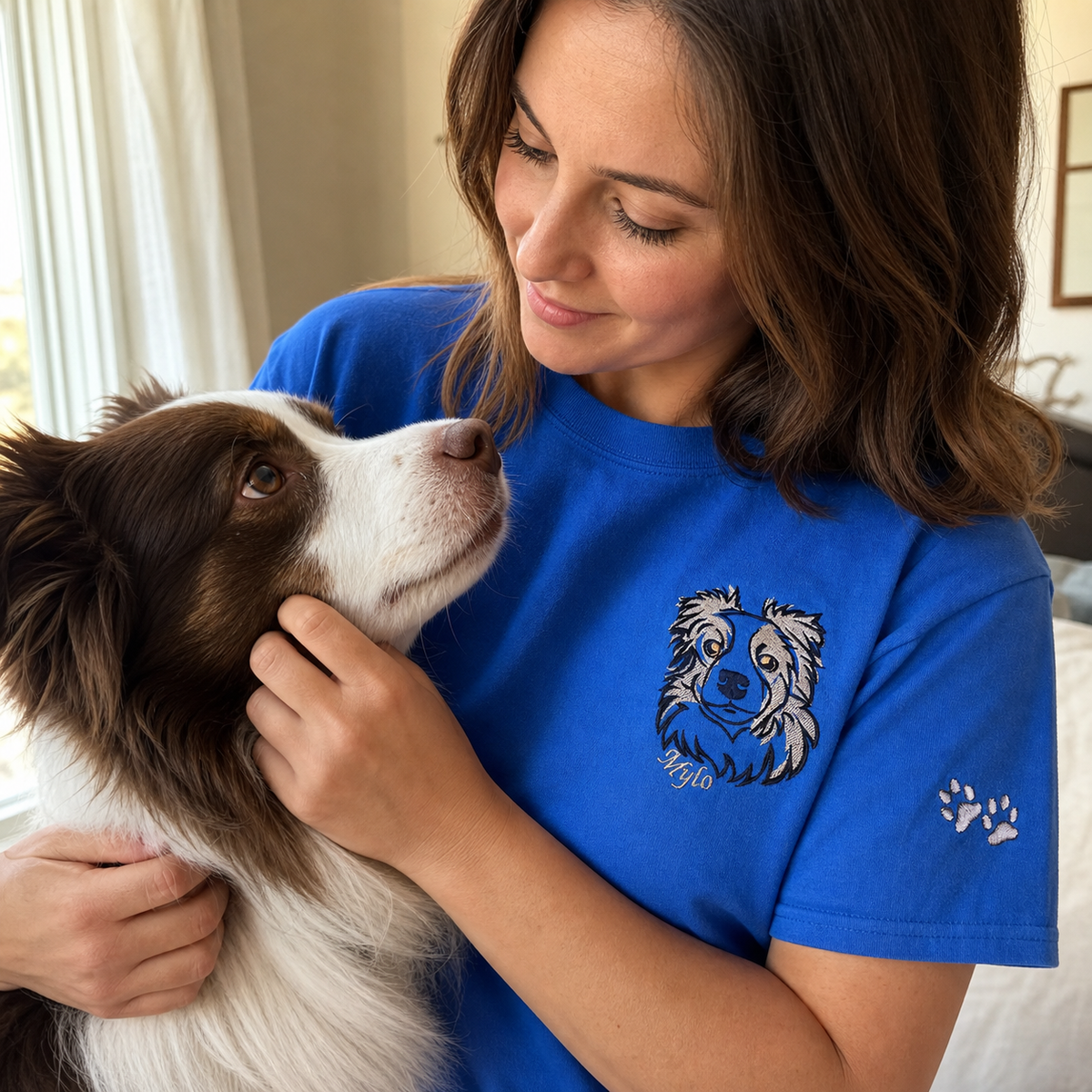Custom Australian Shepherd Outline T-Shirt - Minimalist Embroidered Pet Photo Line Art Tee & Name for Dog Parent