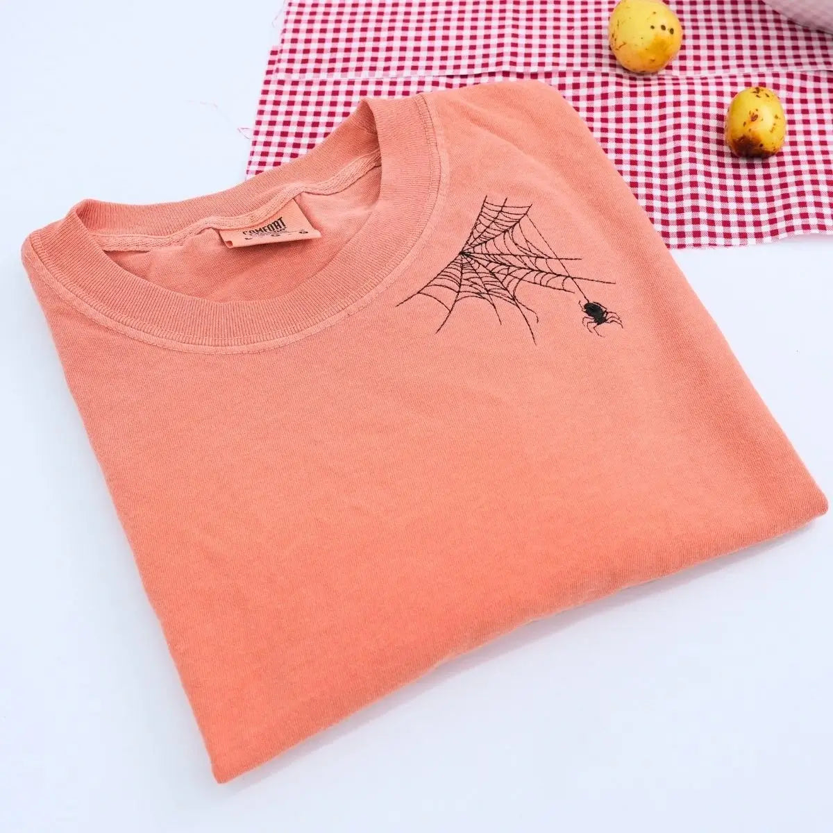 Embroidered bat Halloween t-shirt on neckline, Comfort Colors cotton in fall-inspired tones