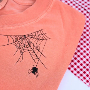 Embroidered bat Halloween t-shirt on neckline, Comfort Colors cotton in fall-inspired tones