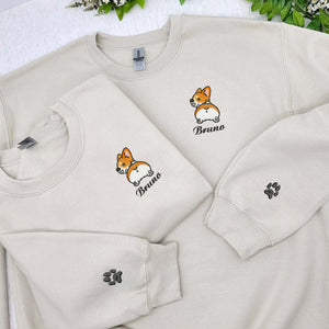 Embroidered Cartoon Corgi Sweatshirt, Matching Couple Crewneck, Anniversary Gift For Wife For Husband