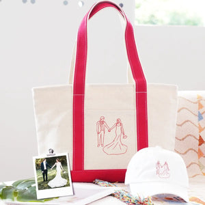 Matching embroidered hat and tote bag set for couples, displayed together on neutral backgroun