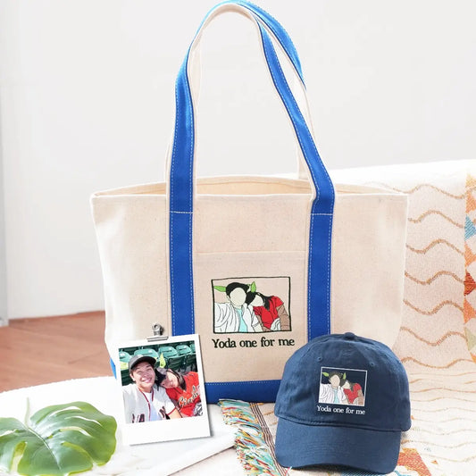 Matching embroidered hat and tote bag set for couples, displayed together on neutral backgroun