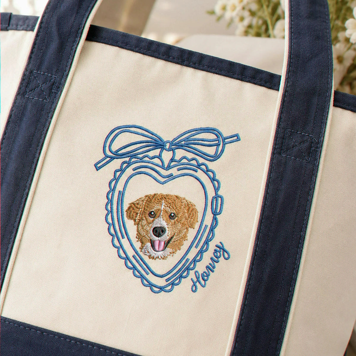 Custom Dog Portrait Tote Bag for Birthday Mom- Embroidered Pet Photo Full Color Bag & Heart Locket - Gift for Her