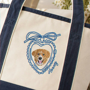 Custom Dog Portrait Tote Bag for Birthday Mom- Embroidered Pet Photo Full Color Bag & Heart Locket - Gift for Her