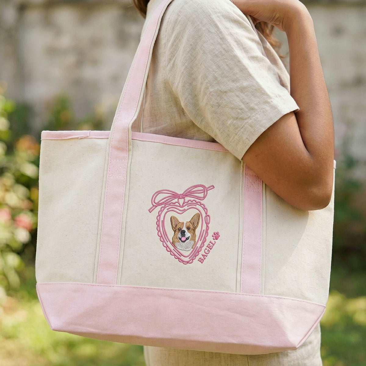 Custom Dog Portrait Tote Bag for Birthday Mom- Embroidered Pet Photo Full Color Bag & Heart Locket - Gift for Her
