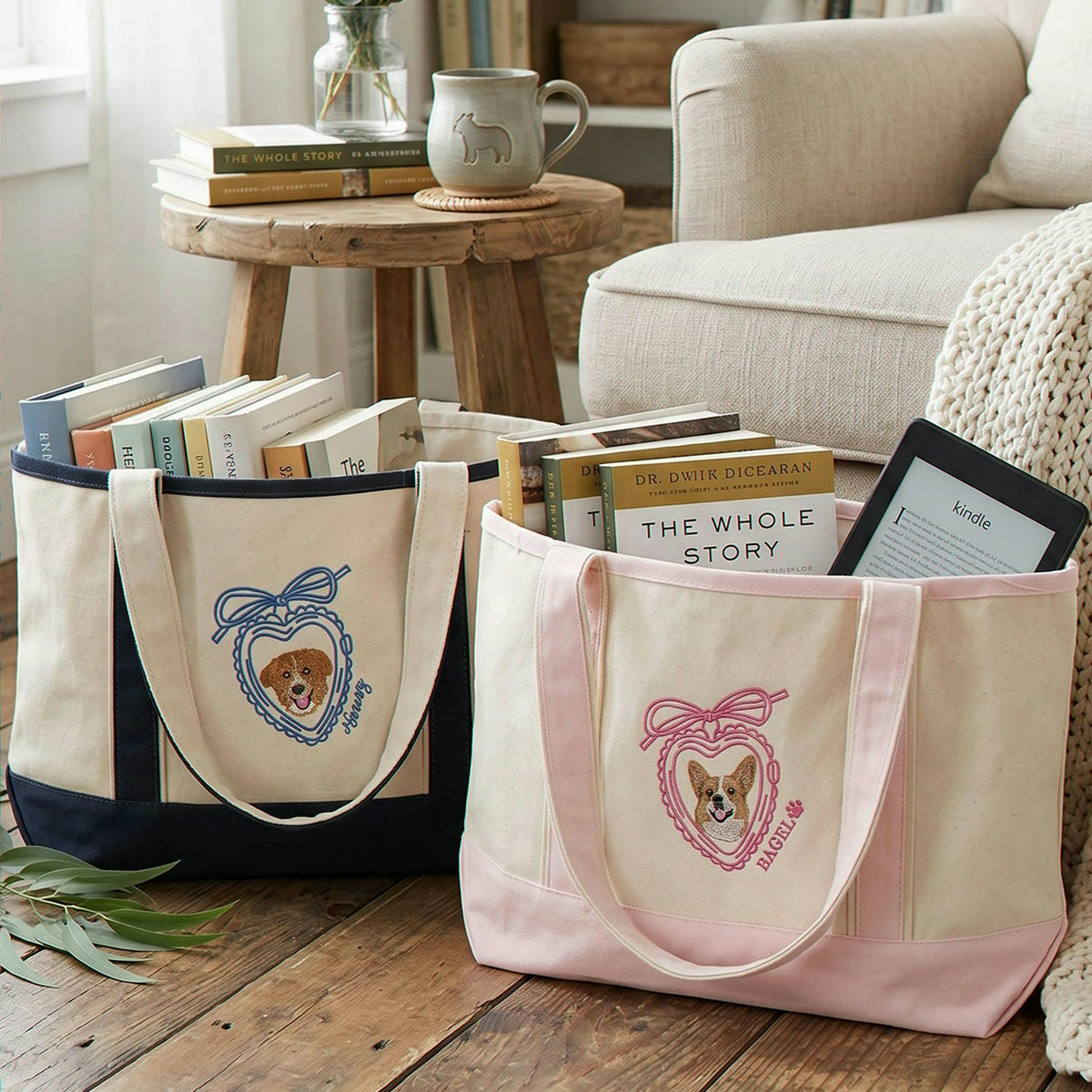 Custom Dog Portrait Tote Bag for Birthday Mom- Embroidered Pet Photo Full Color Bag & Heart Locket - Gift for Her