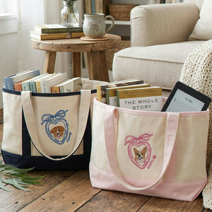 Custom Dog Portrait Tote Bag for Birthday Mom- Embroidered Pet Photo Full Color Bag & Heart Locket - Gift for Her