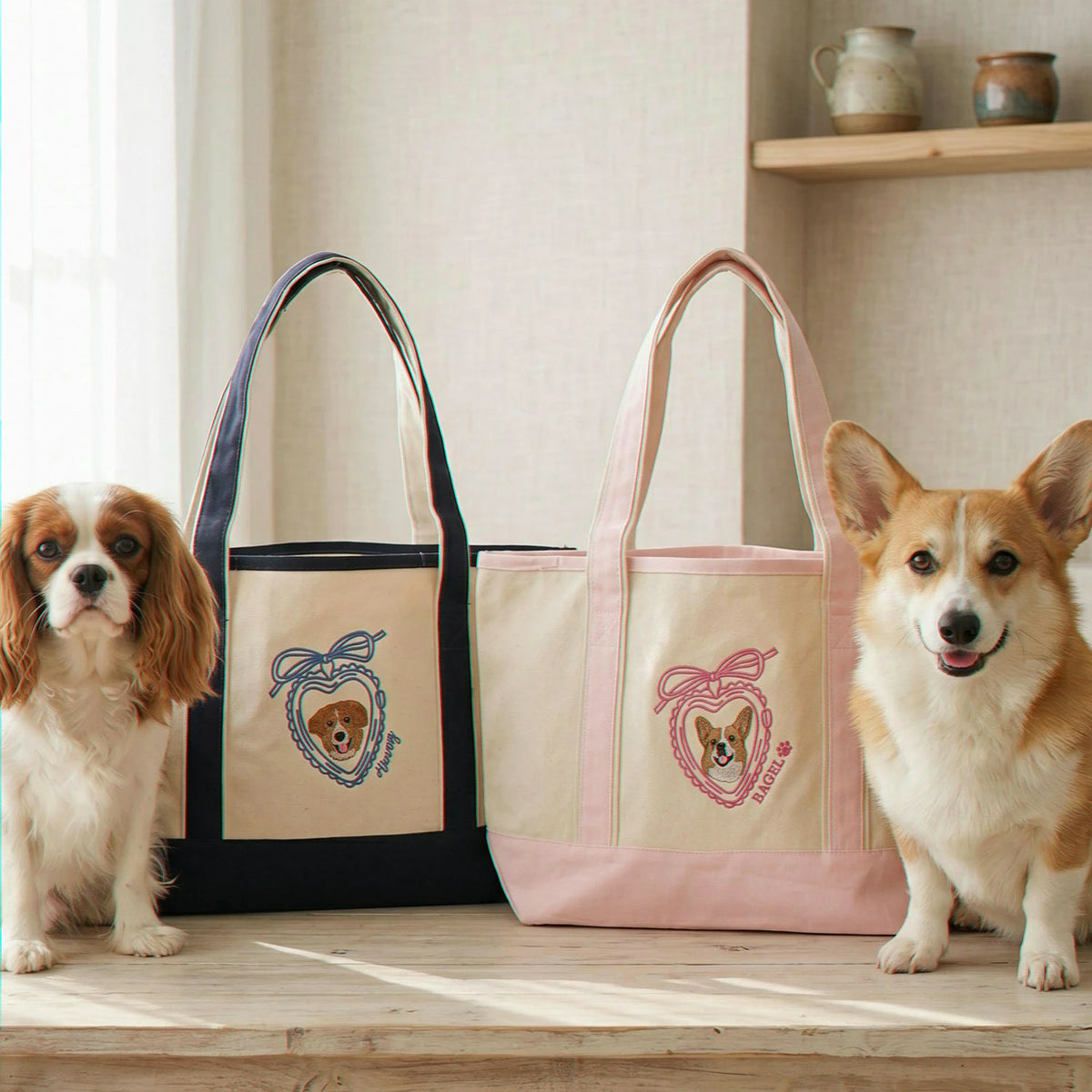 Custom Dog Portrait Tote Bag for Birthday Mom- Embroidered Pet Photo Full Color Bag & Heart Locket - Gift for Her