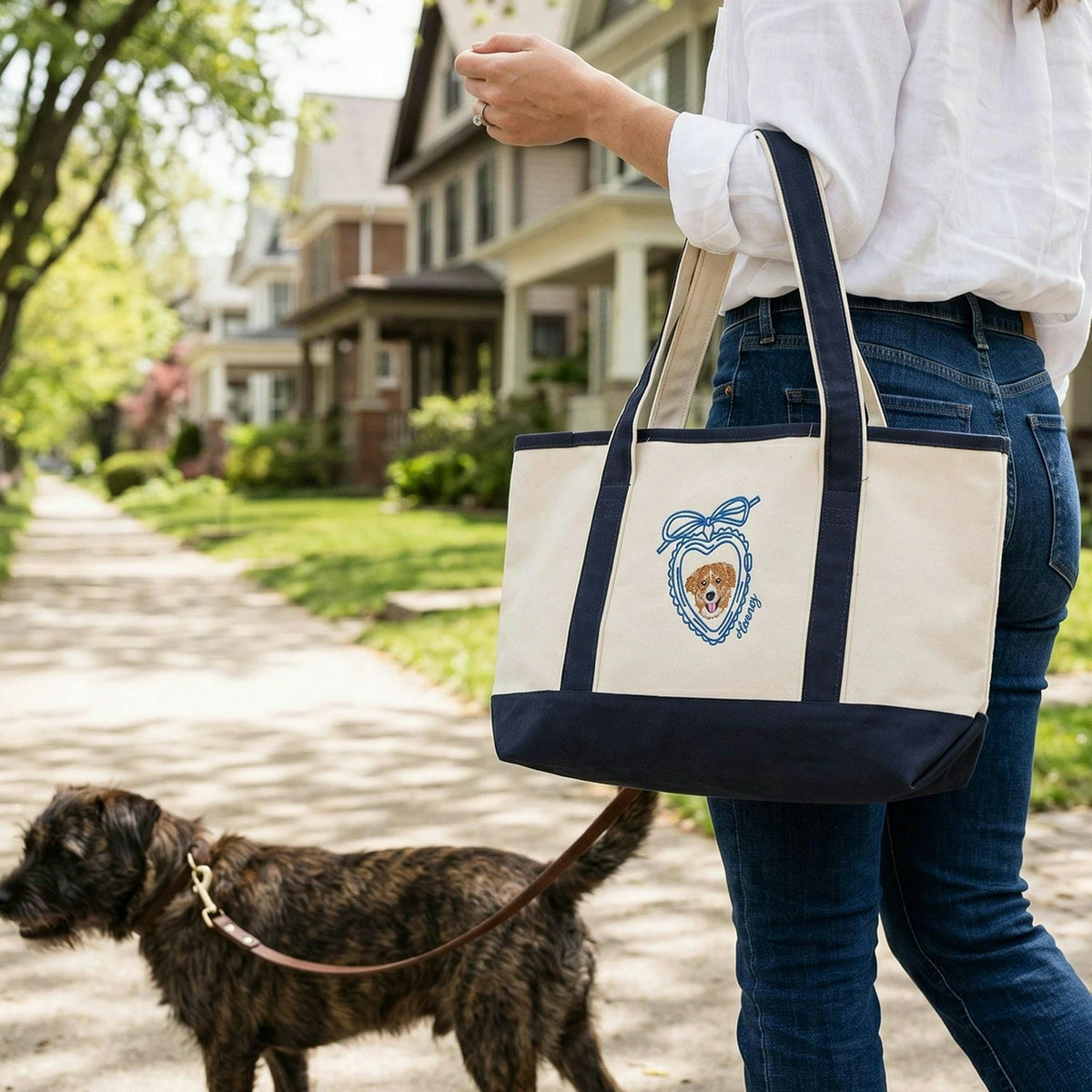 Custom Dog Portrait Tote Bag for Birthday Mom- Embroidered Pet Photo Full Color Bag & Heart Locket - Gift for Her