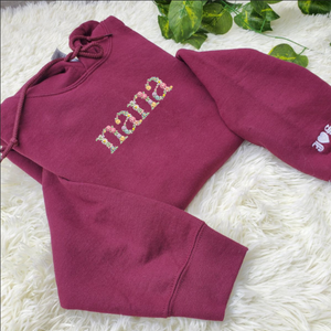 Embroidered Floral Nana Hoodie, Personalized Hood with Initial On Sleeve, Good Nana Gift Ideas