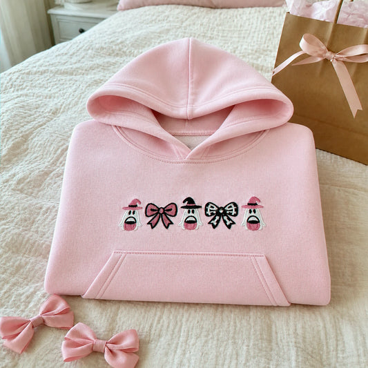 Personalized Coquette Halloween Hoodie for Kids - Embroidered Bow Halloween Crewneck - Fall Season Gift