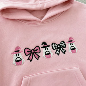 Personalized Coquette Halloween Hoodie for Kids - Embroidered Bow Halloween Crewneck - Fall Season Gift