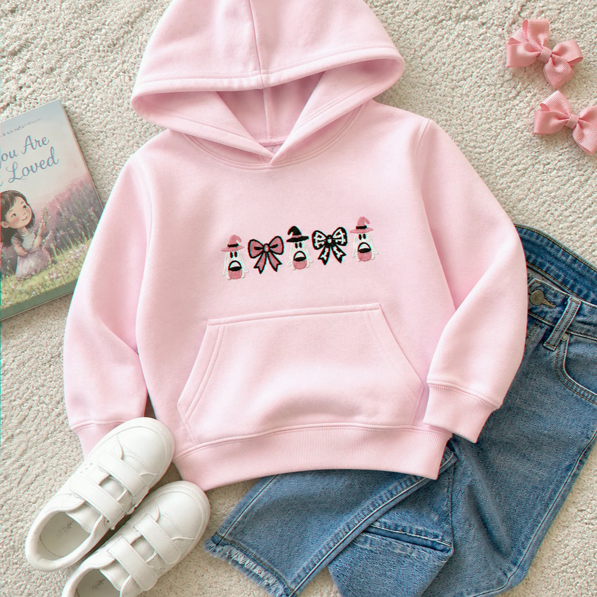 Personalized Coquette Halloween Hoodie for Kids - Embroidered Bow Halloween Crewneck - Fall Season Gift