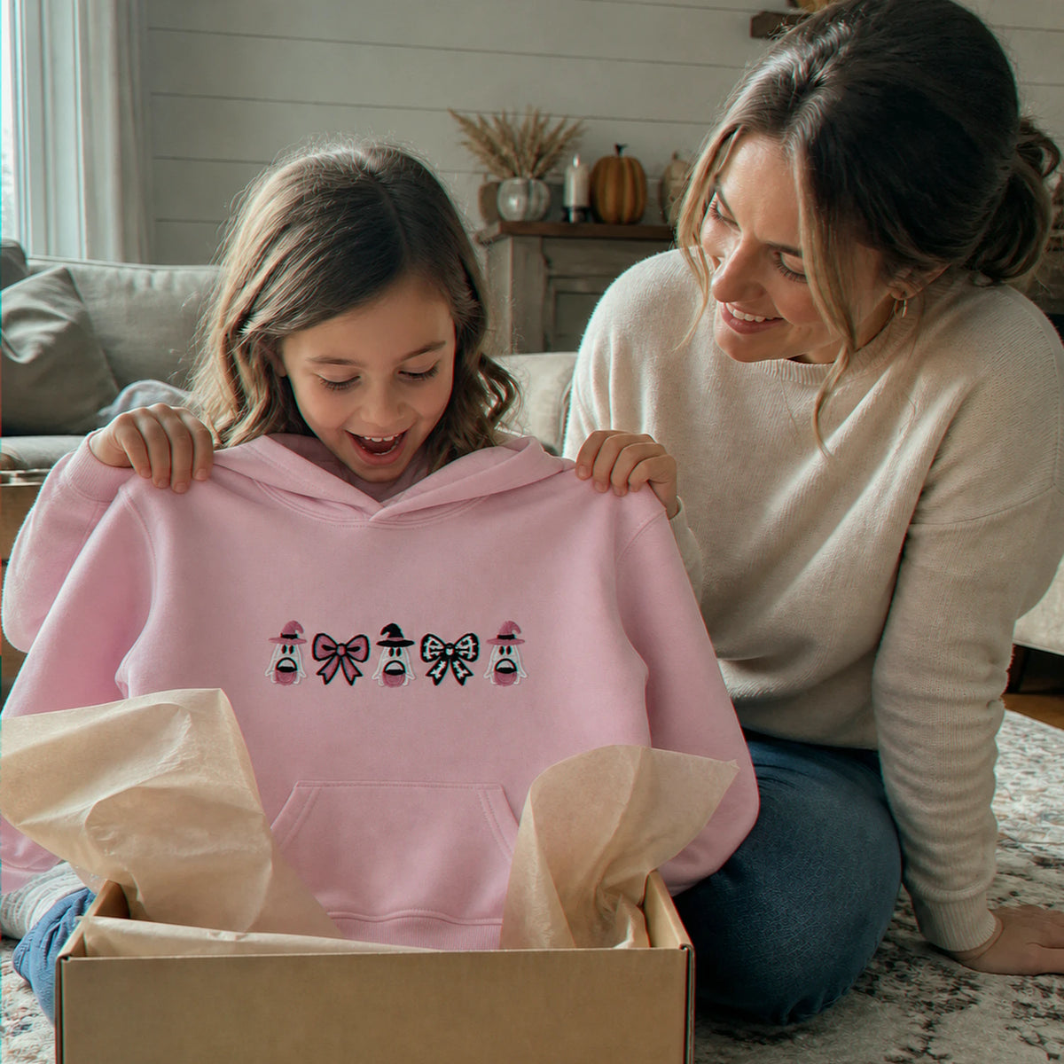 Personalized Coquette Halloween Hoodie for Kids - Embroidered Bow Halloween Crewneck - Fall Season Gift