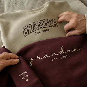 Custom Grandma Grandpa Matching Sweatshirt - Embroidered Varsity Nickname & Kids Name, Grandparent Day Gift