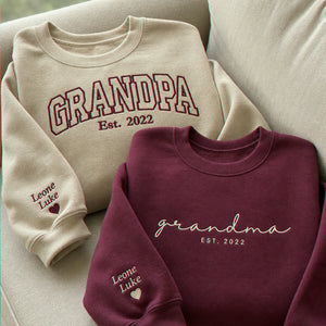 Custom Grandma Grandpa Matching Sweatshirt - Embroidered Varsity Nickname & Kids Name, Grandparent Day Gift
