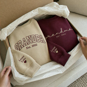 Custom Grandma Grandpa Matching Sweatshirt - Embroidered Varsity Nickname & Kids Name, Grandparent Day Gift