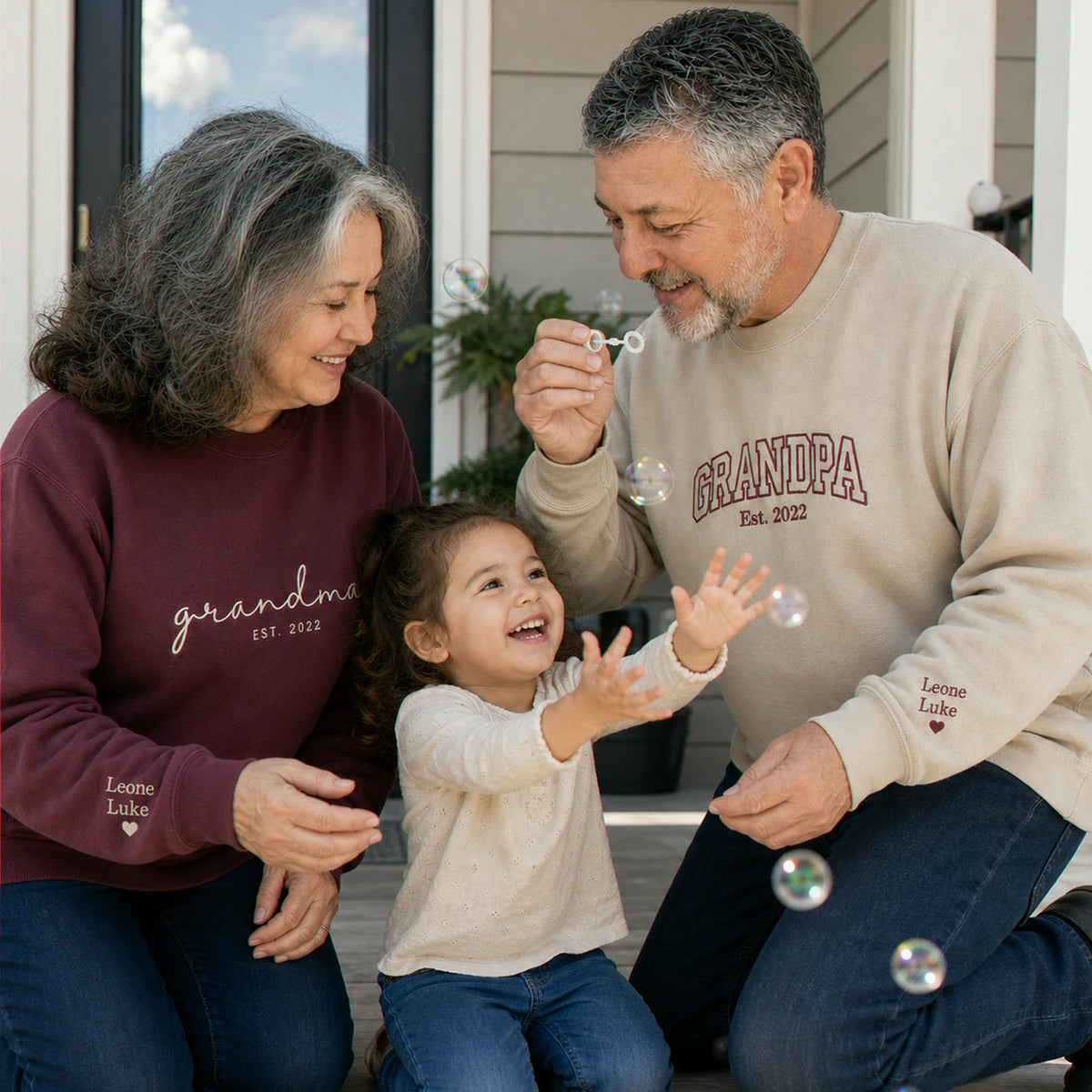 Custom Grandma Grandpa Matching Sweatshirt - Embroidered Varsity Nickname & Kids Name, Grandparent Day Gift