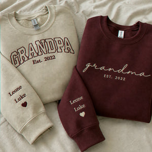 Custom Grandma Grandpa Matching Sweatshirt - Embroidered Varsity Nickname & Kids Name, Grandparent Day Gift
