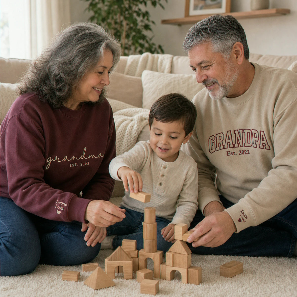 Custom Grandma Grandpa Matching Sweatshirt - Embroidered Varsity Nickname & Kids Name, Grandparent Day Gift