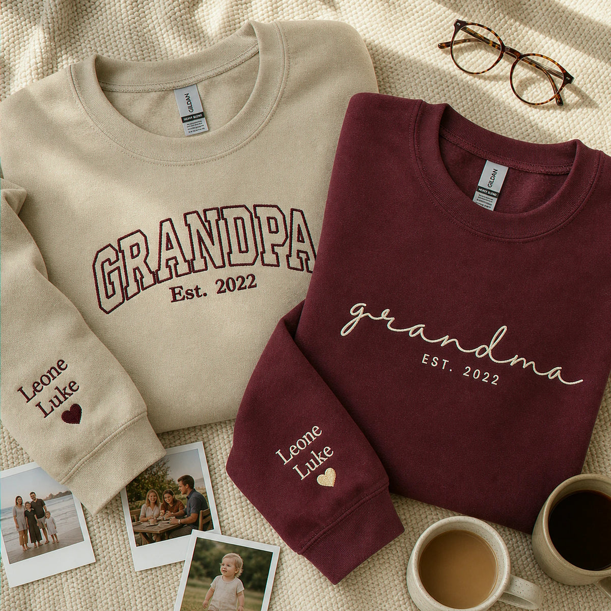 Custom Grandma Grandpa Matching Sweatshirt - Embroidered Varsity Nickname & Kids Name, Grandparent Day Gift